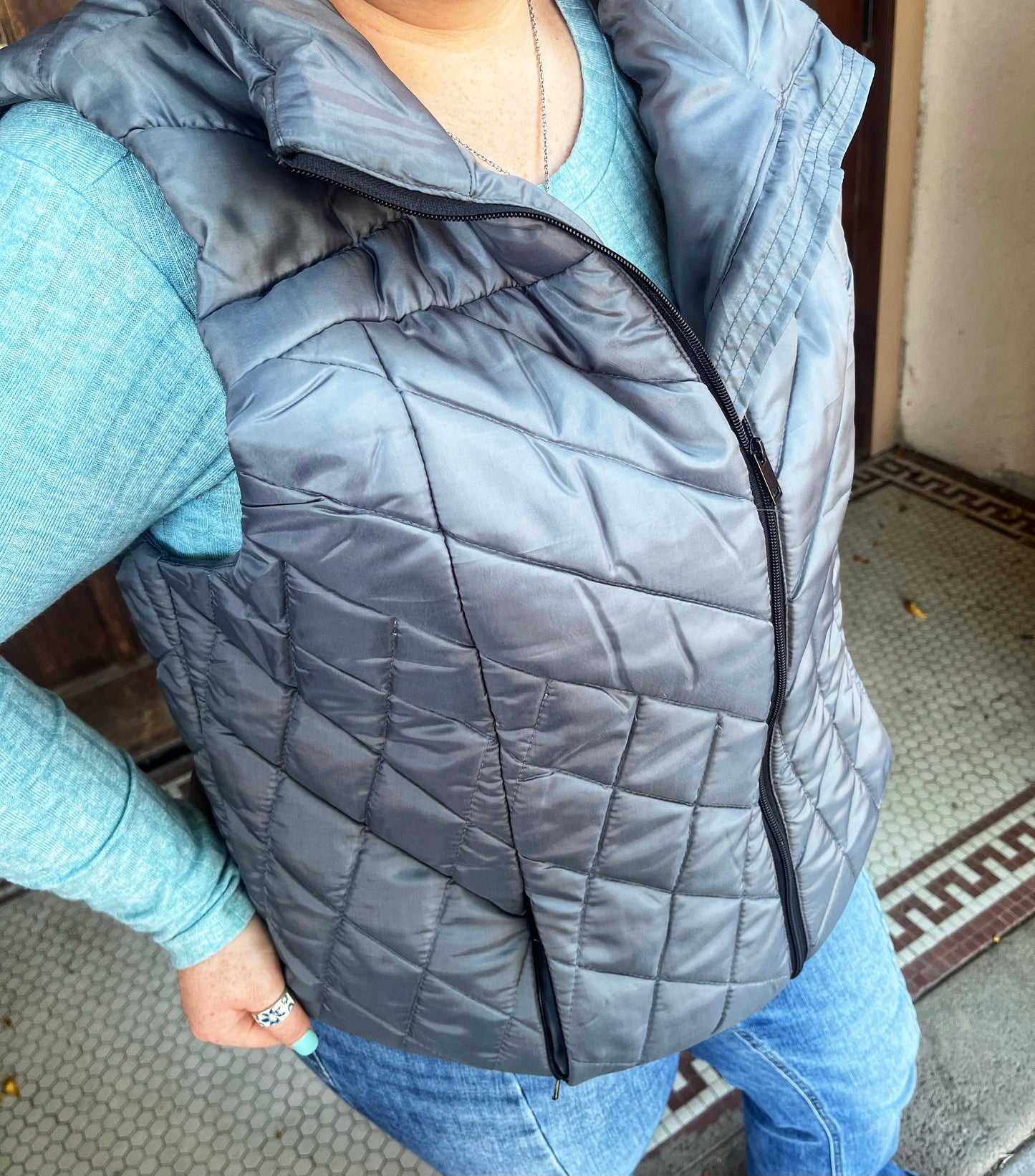 Womens PLUS Grey Quilted Vest