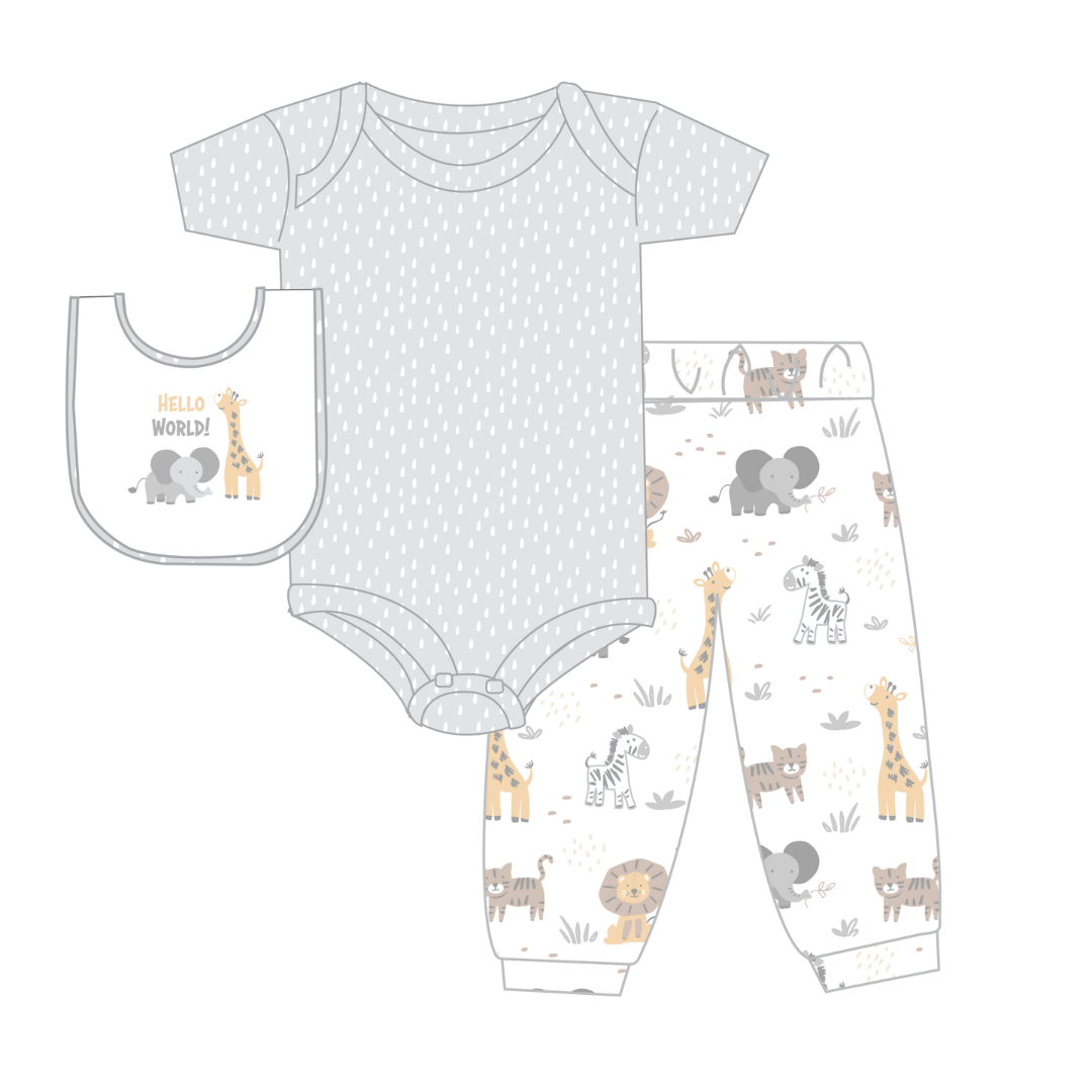 Baby outfit set with bodysuit, bib, and pants featuring animal prints on a white background.