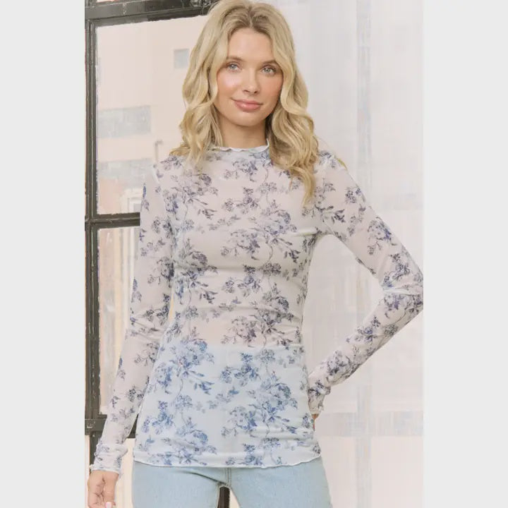 Floral Prt Sheer Mesh High Neckline Top - blue multi