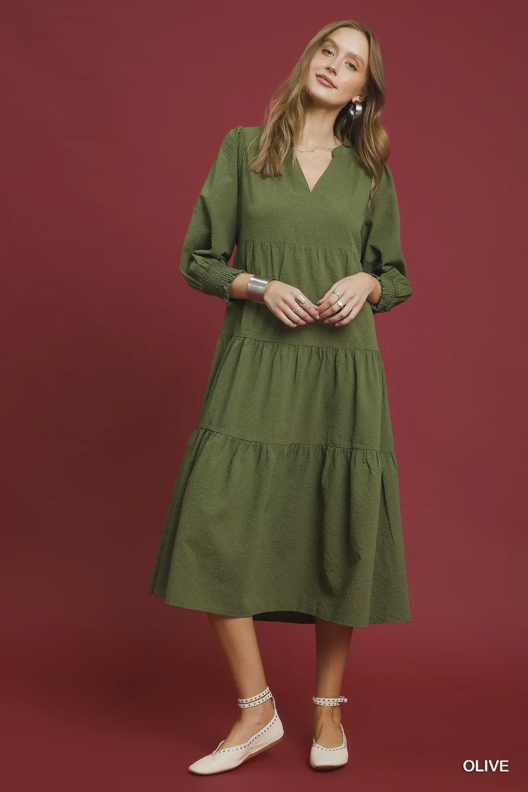 Textured Tiered Midi Dress- Olive