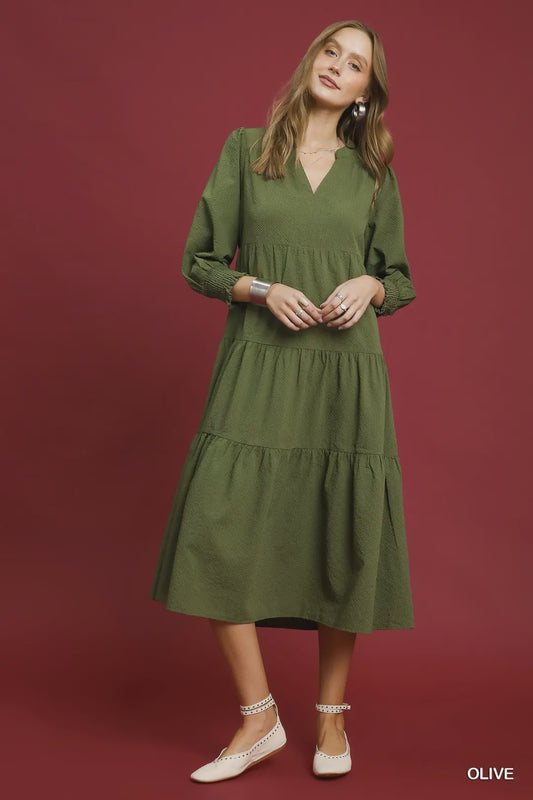 Textured Tiered Midi Dress- Olive