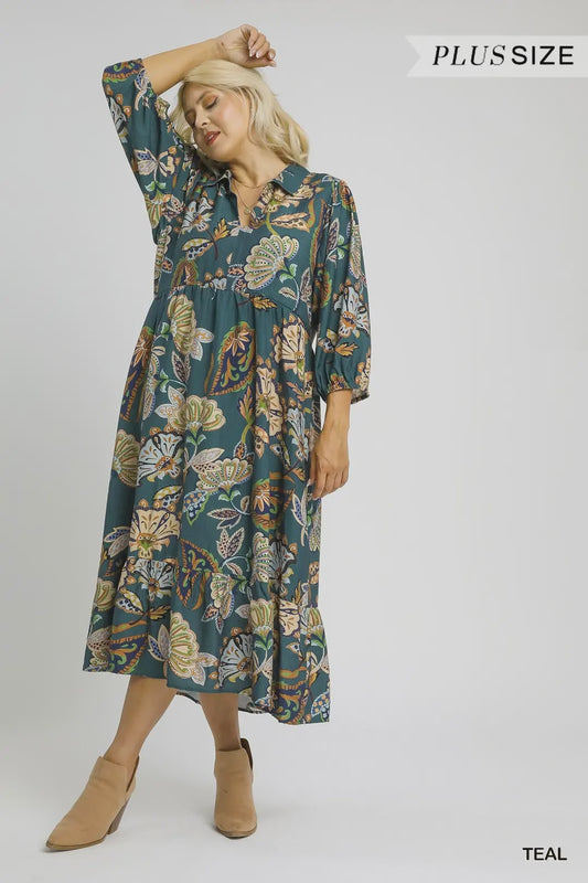 Boho Paisley Tiered Midi Dress- Teal