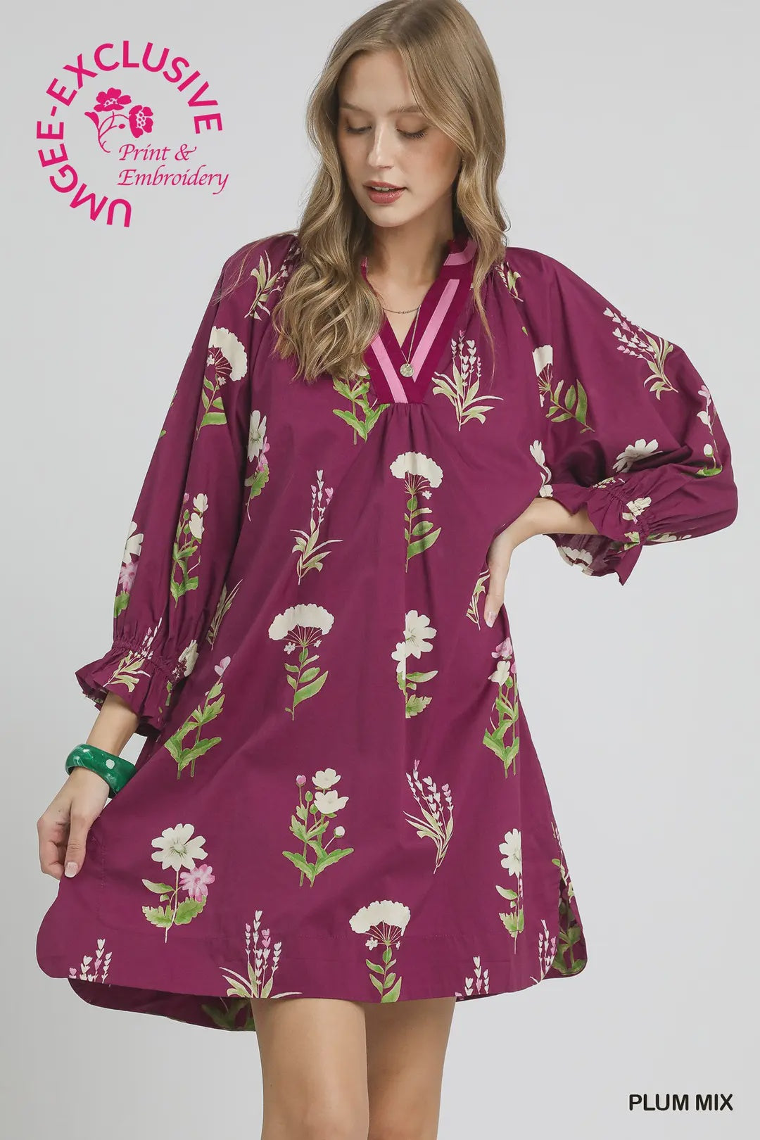 Floral Tunic Dress with Contrast Trim - Plum Mix