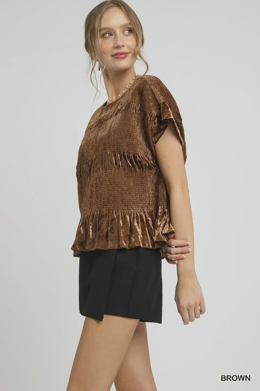 Velvet Ruffle Hem Smocked Blouse - Brown