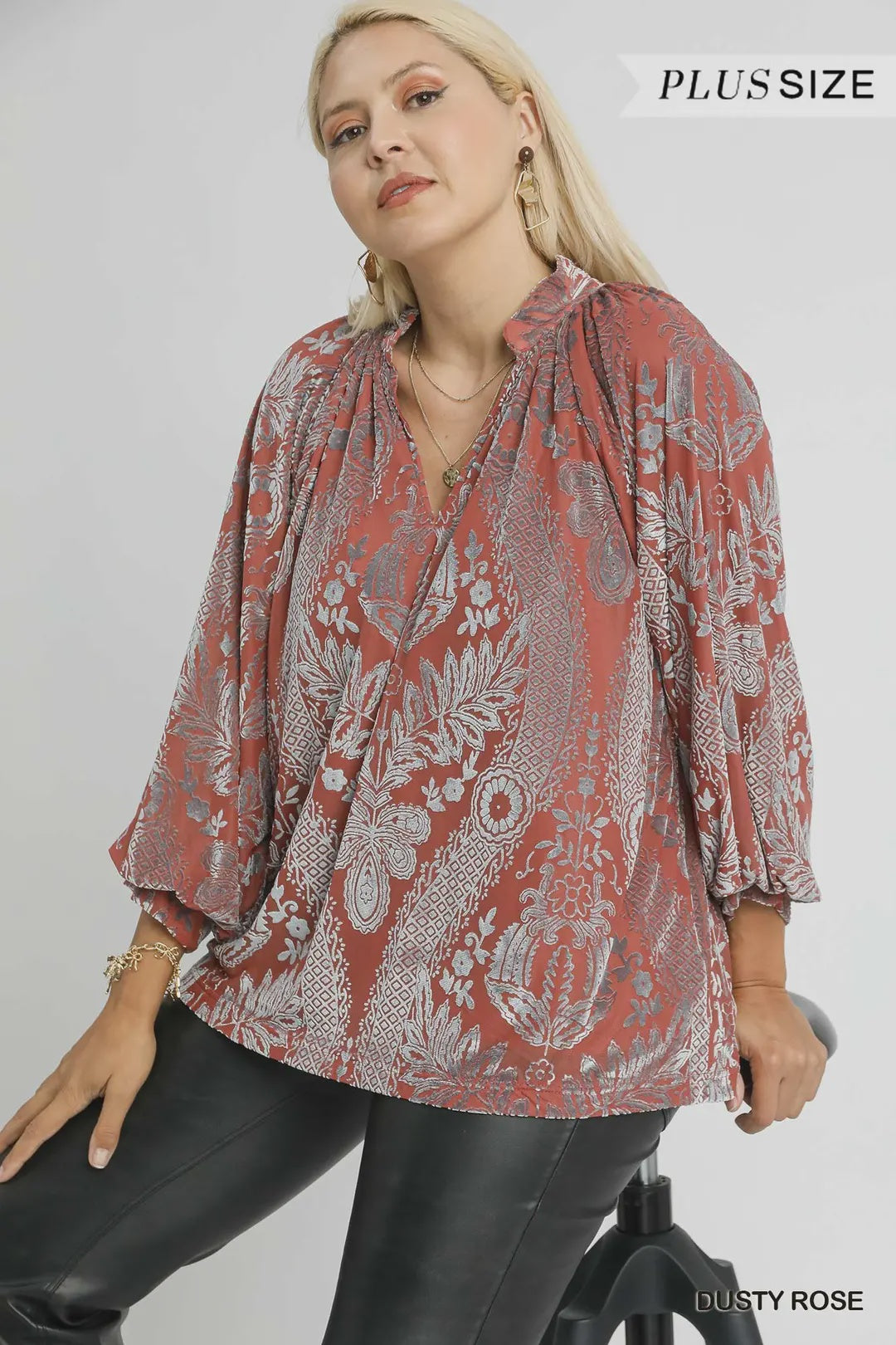 Damask Print Velvet Split Neck Top - Dusty Rose