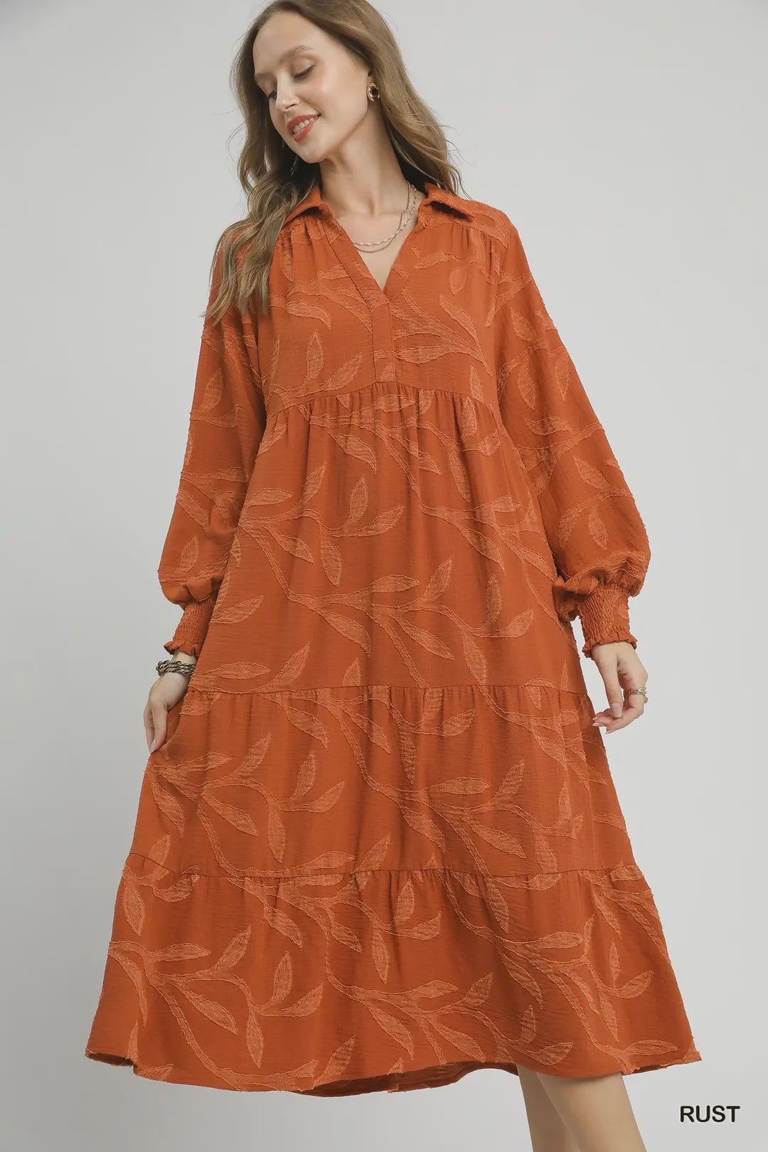 Textured Jacquard Leaf Pattern Tiered Midi Dress - Rust