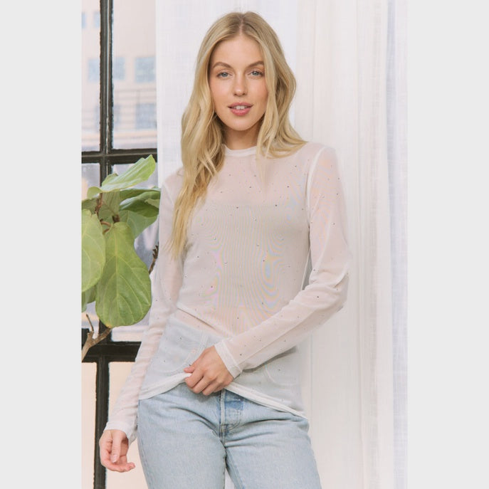 Sheer Rhinestone Mesh High Neck Top - white