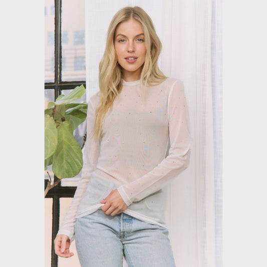 Sheer Rhinestone Mesh High Neck Top - white