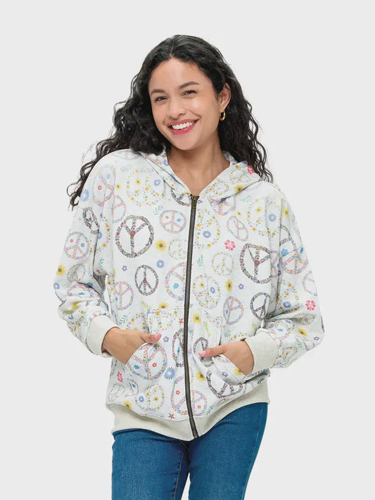 Zip-Up Hoodie Floral Peace Sign Print - gray