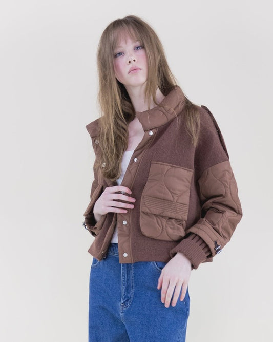 Dual Texture Cozy Bomber Jacket - brown