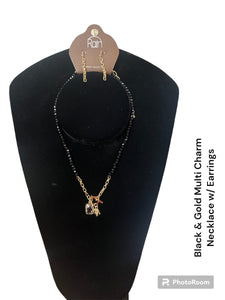 Black & Gold Multi Charm Necklace & Earrings