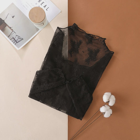 Semi Sheer Mesh Floral Lace Layering Top- Black