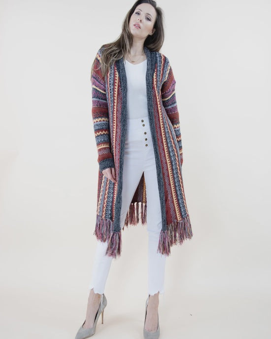 Bohemian Tribal Stripe Cardigan w/ Fringe - Olive /Maroon