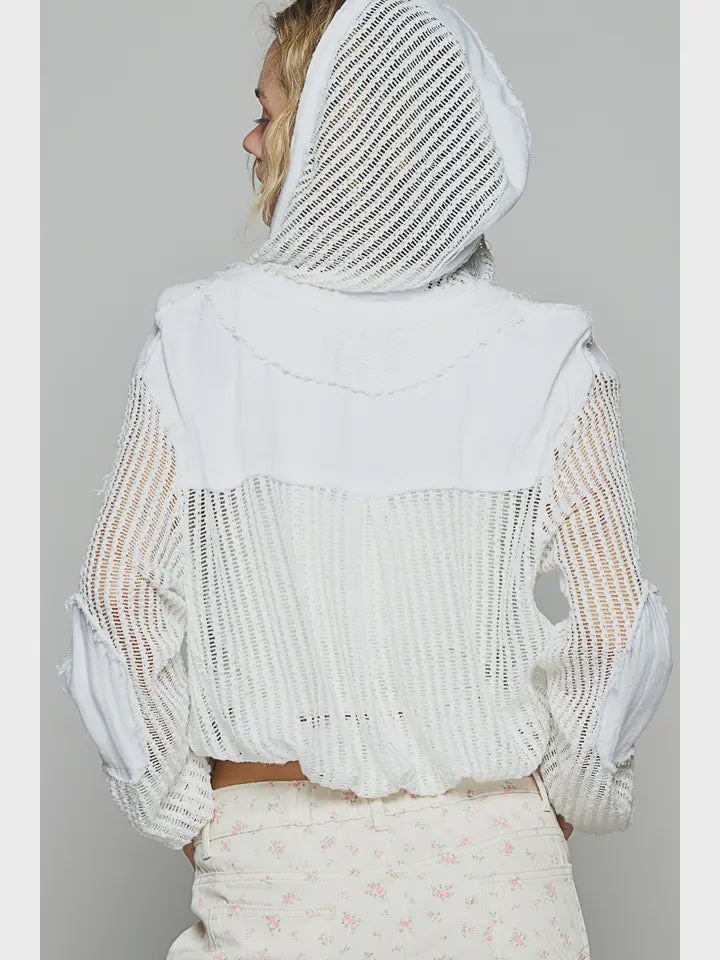 Open Knit Button Down Pocket Front Hooded Shirt Top