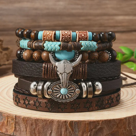 Western Bull Skull Turquoise Beaded Layer Bracelet Set