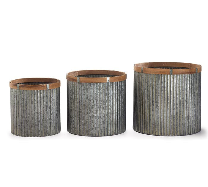 NESTED TIN PLANTERS WITH WOOD TRIM