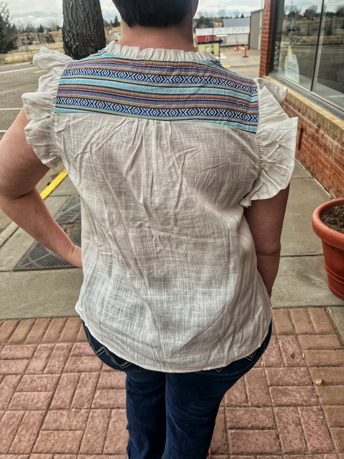 Umgee Ruffled Tank w/ Aztec Embroidery