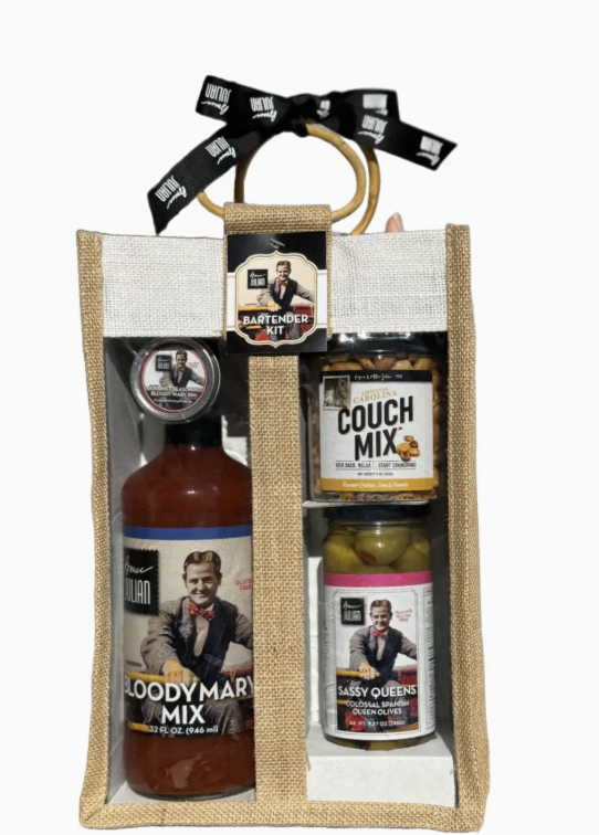 Gift set with Bloody Mary Mix, Couch Mix, and Larry Queen's products in a decorative bag.