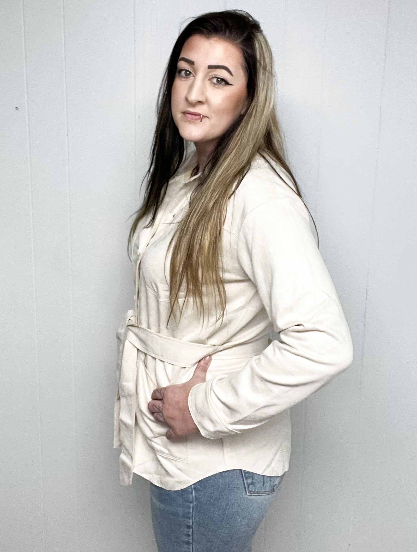 Belted Faux Suede Overshirt - Hem and Thread