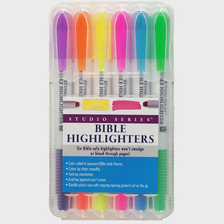 Set of six Bible highlighters in various colors with packaging on a white background