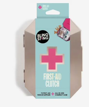 Bling Stng first-aid clutch packaging with a pink cross on a light blue background