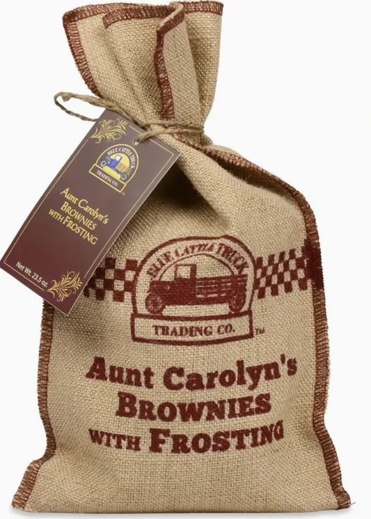 Jute bag with 'Aunt Carolyn's Brownies with Frosting' text and Blue Castle Truck Trading Co. logo.