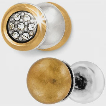 Pair of gold and silver earrings with gemstone accents on a white background