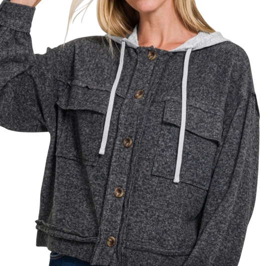 Zenana Brushed hacci hooded button down shacket - black