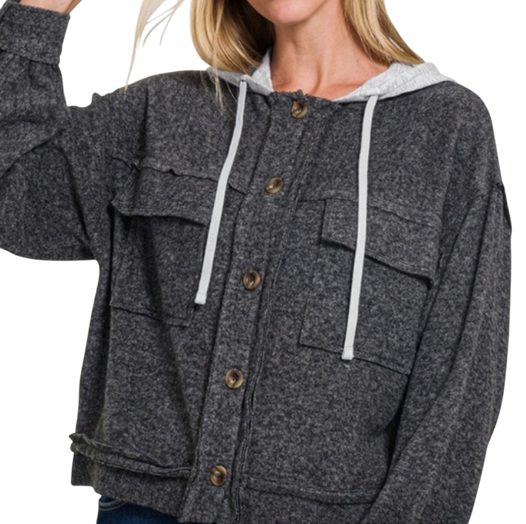 Zenana Brushed hacci hooded button down shacket - black