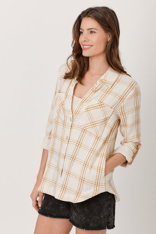 Double Gauze Plaid Top - Yellow/Ivory