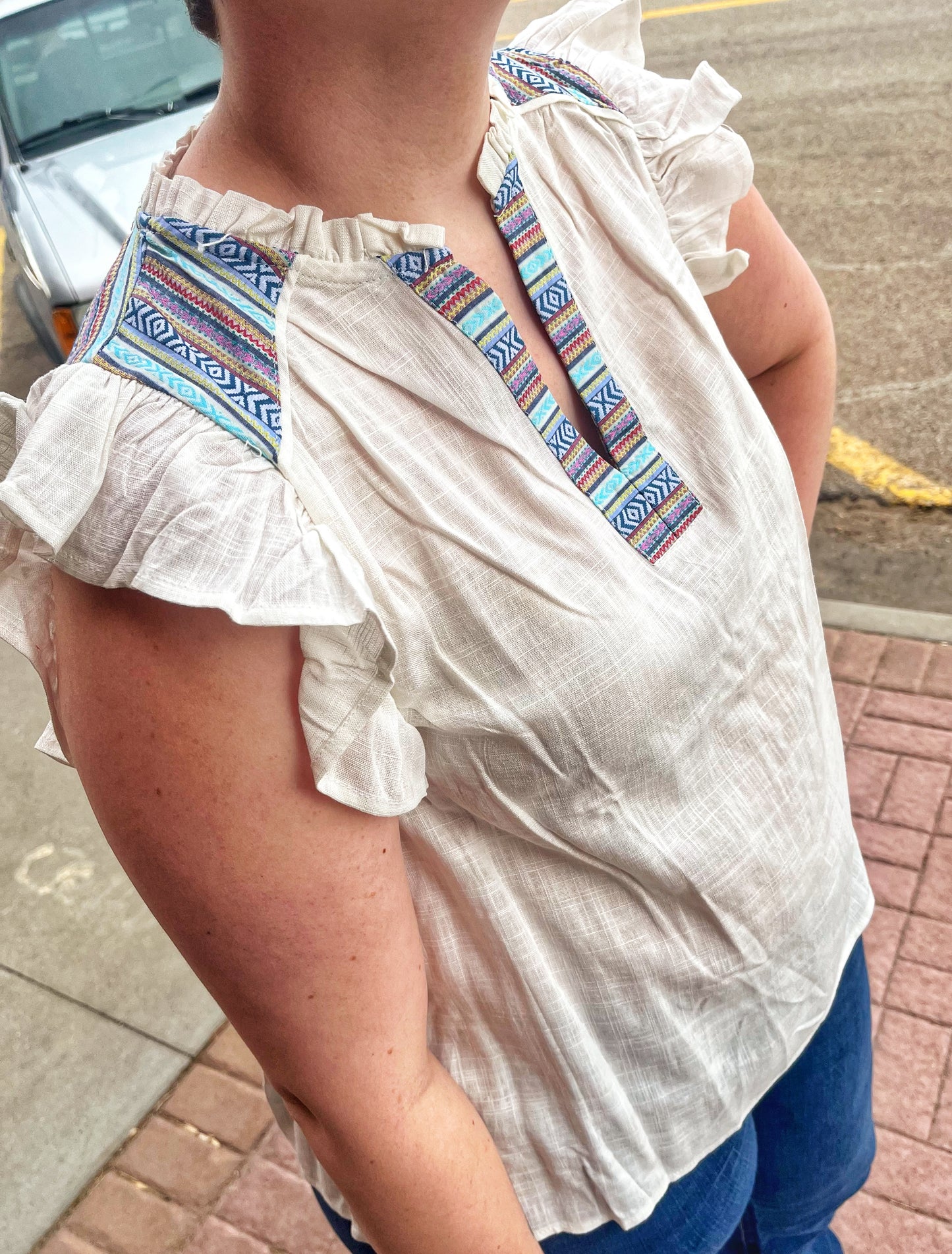 Umgee Ruffled Tank w/ Aztec Embroidery