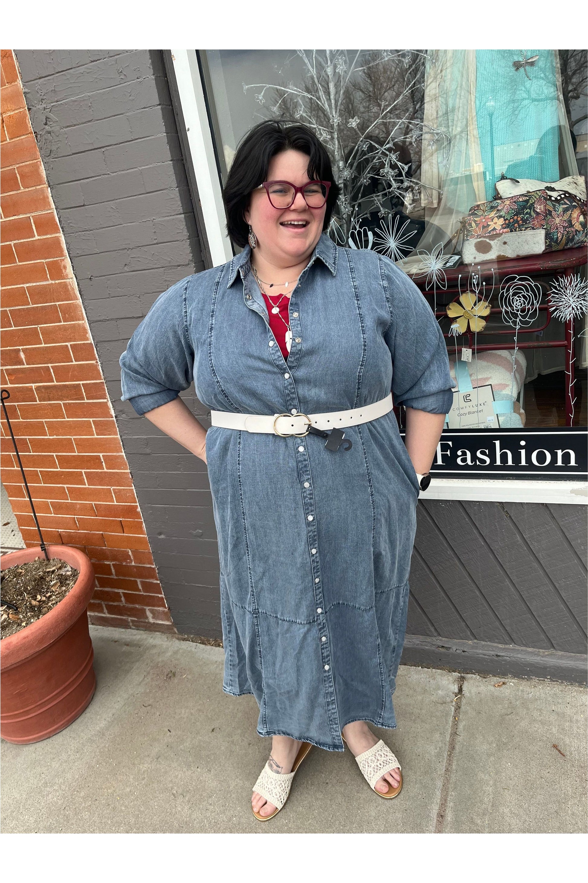 denim snap front dress Snap To It Denim Dress