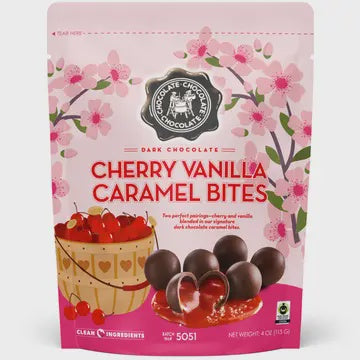 Packaging of cherry vanilla caramel bites with cherry illustration on pink background