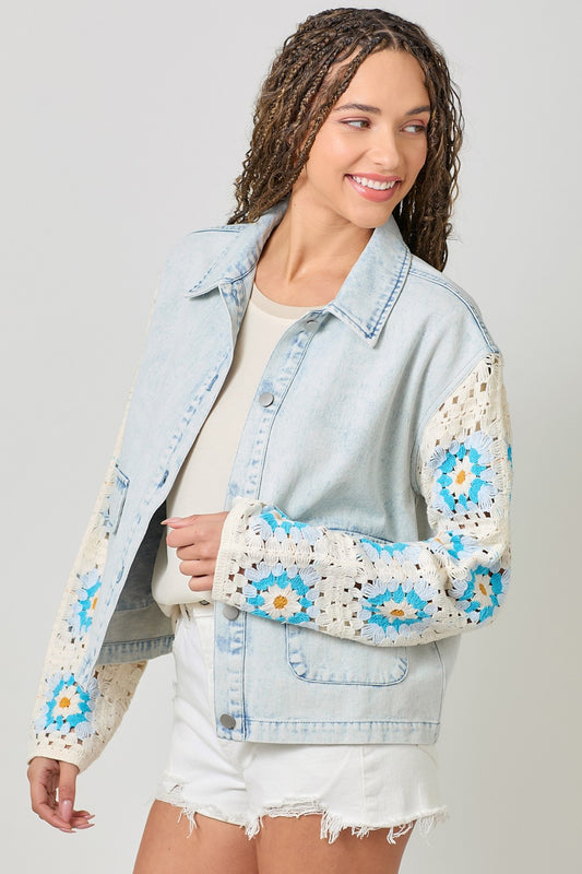 Crochet Sleeve Washed Denim Jacket - washed blue