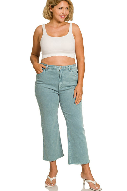 Z-Acid washed high waist frayed hem bootcut pants curvy- teal
