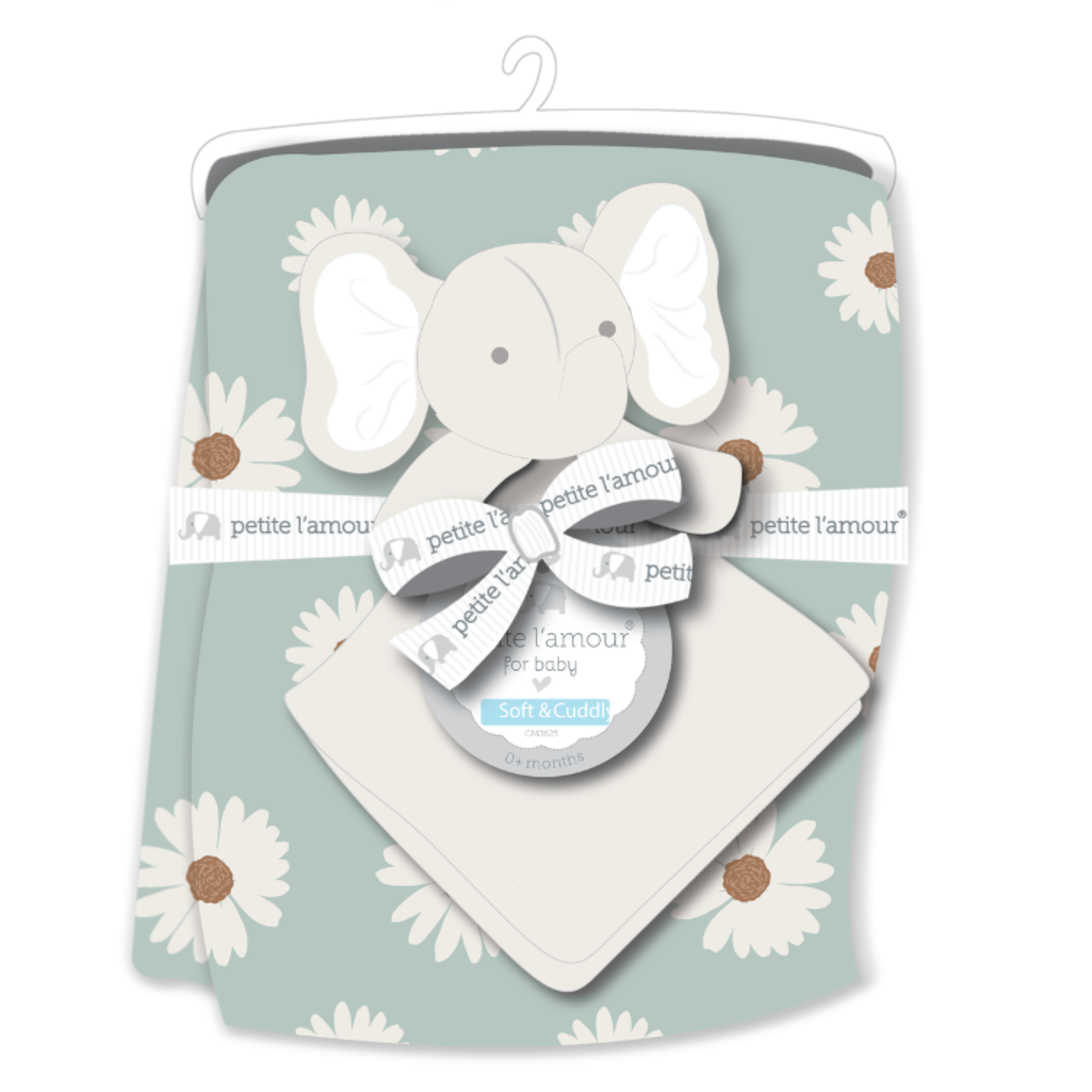 Baby blanket with elephant design and 'petite l'amour' branding on a light blue background with daisy patterns.