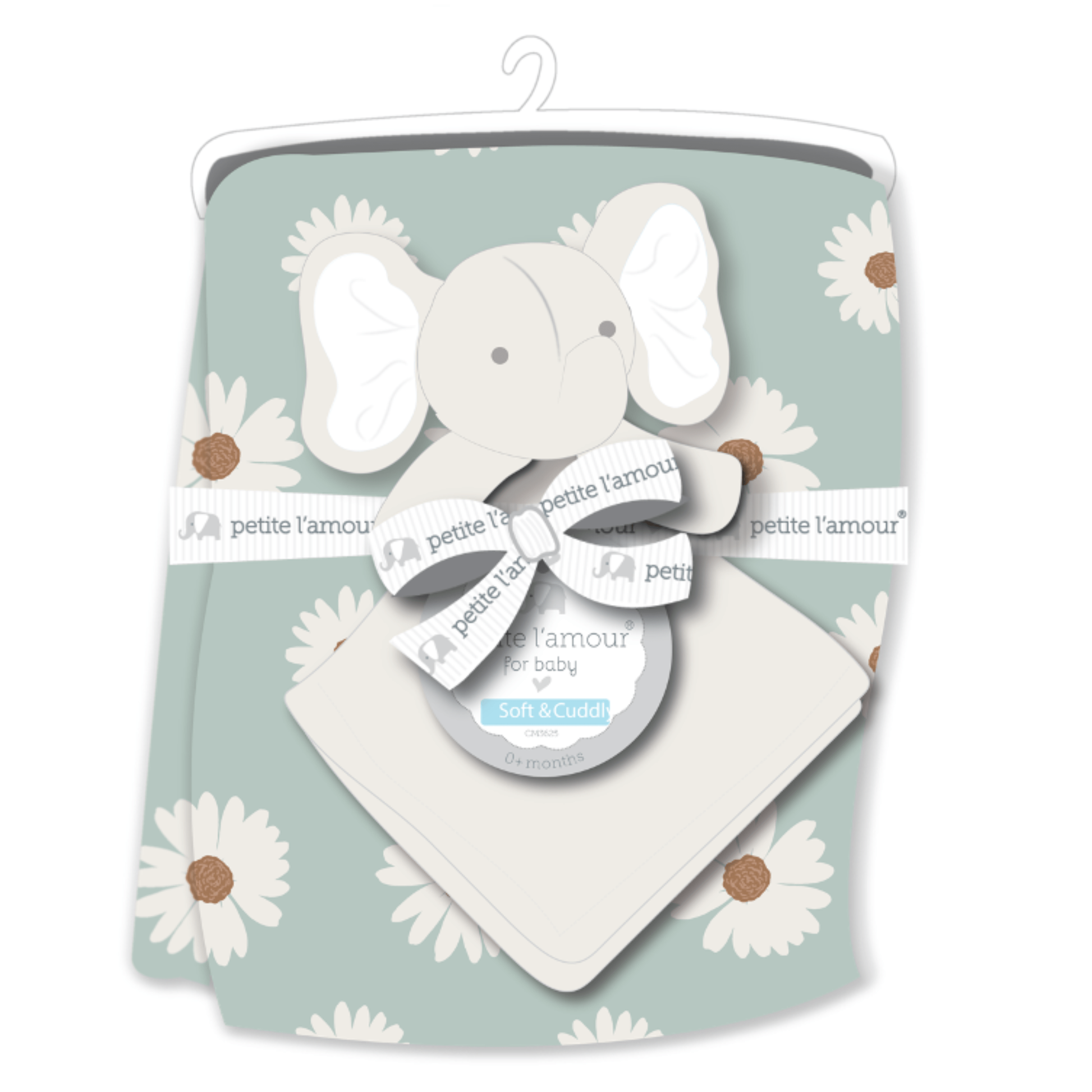 Baby blanket with elephant design and 'petite l'amour' branding on a light blue background with daisy patterns.
