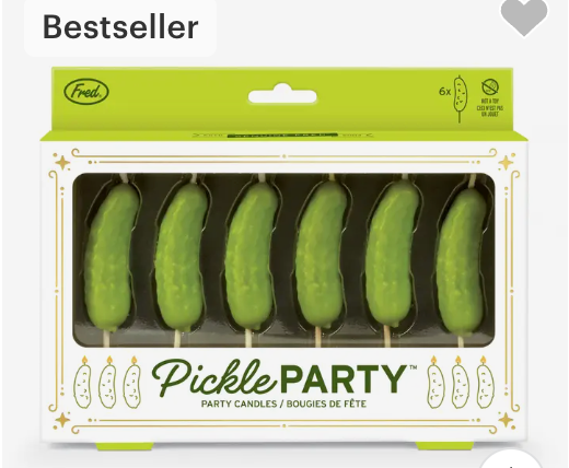 Packaging of 'Pickle Party' candles by Fred on a white background