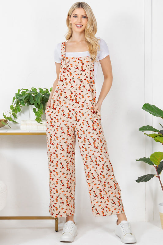Floral Print Corduroy Overall - Peach