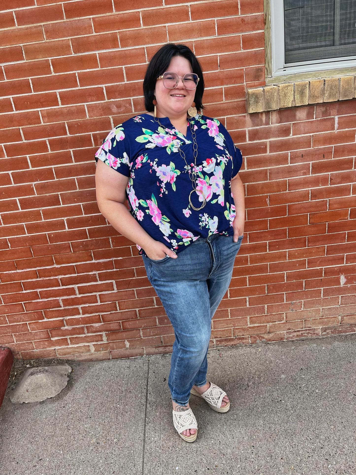 Dear Scarlett Vneck Navy Top with Pink Flowers