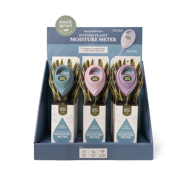 Display of potted plant moisture meters with packaging on a white background