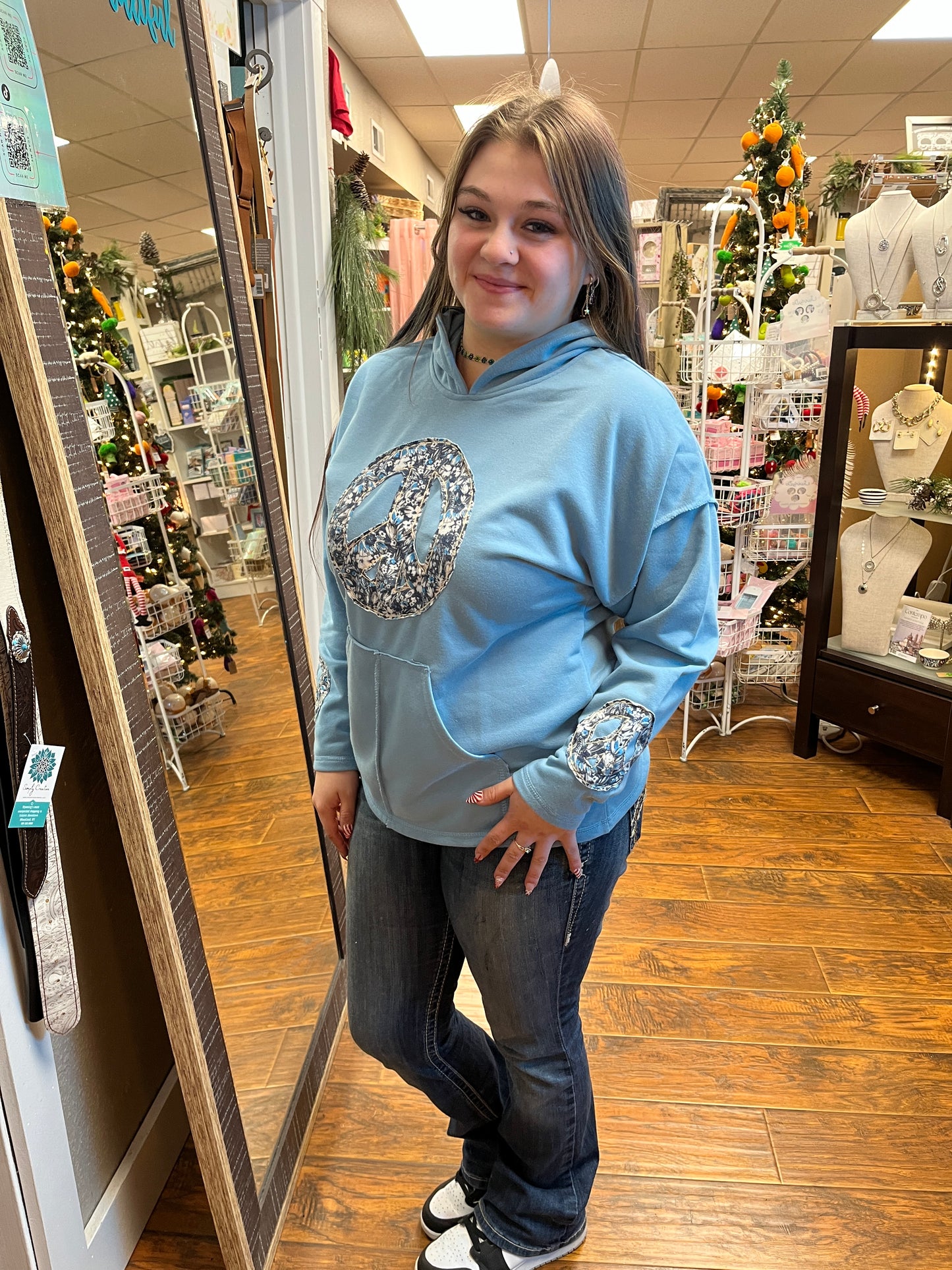 Hoodie Boho Peace Sign Patch - Sky Blue