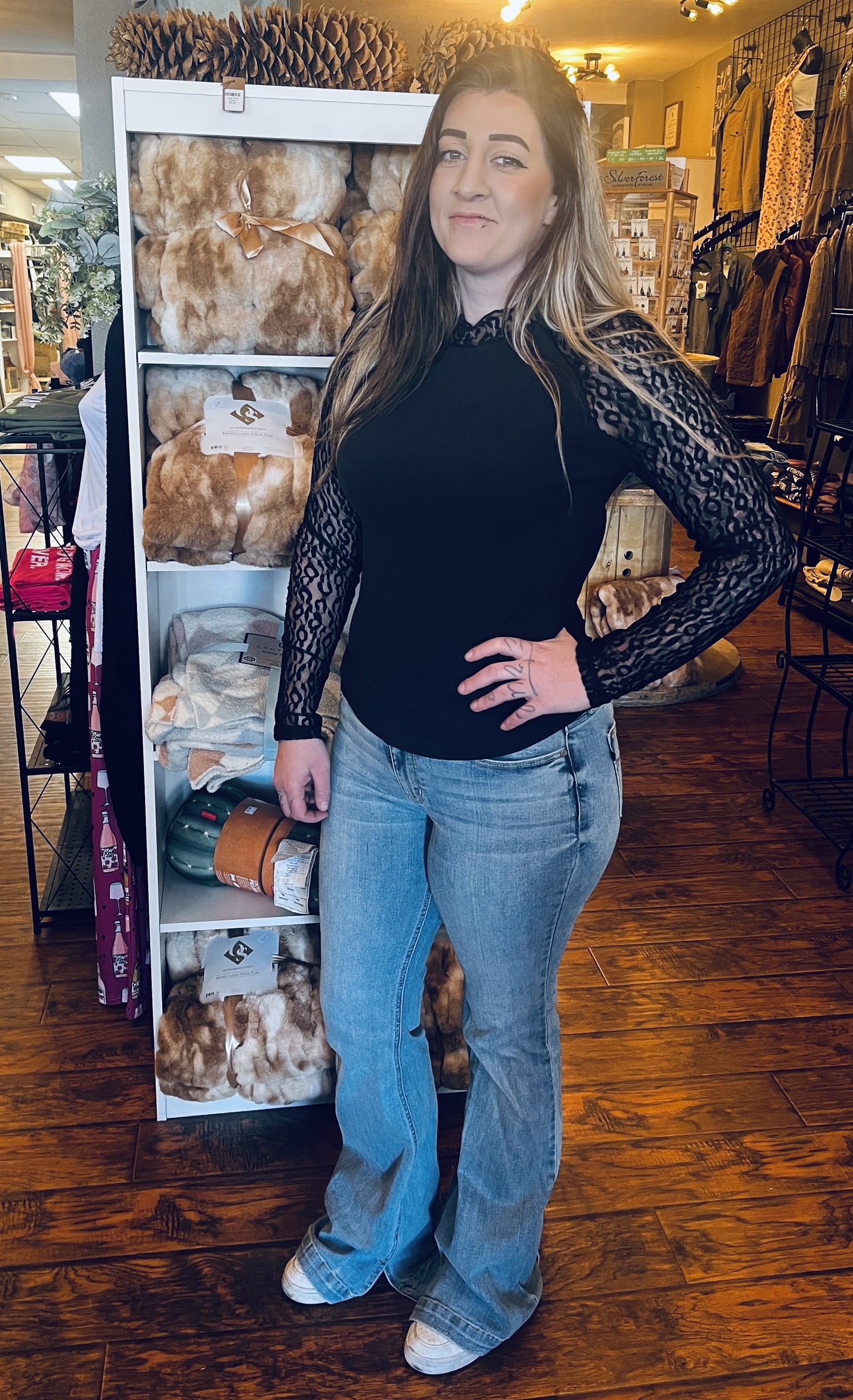 Leopard Mesh Patchwork Knit Long Sleeve Top