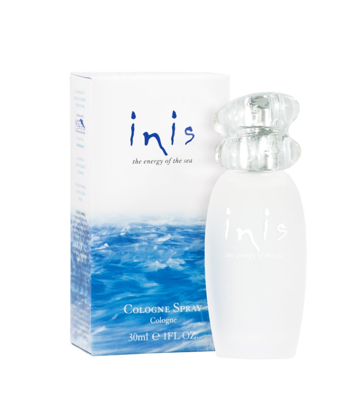 Perfume bottle and packaging of 'inis' with ocean design on a white background