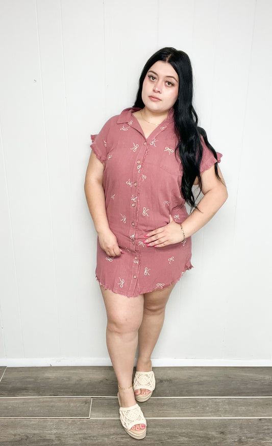 Linen/cotton blend cap sleeve dress - Rose