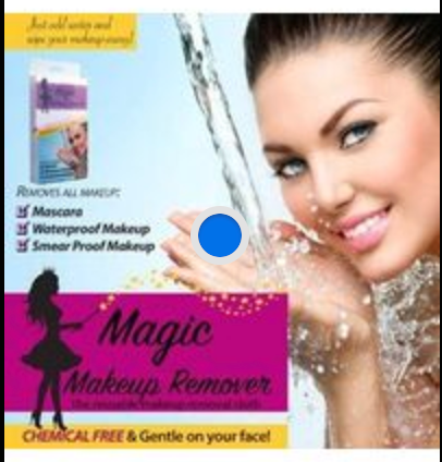 Advertisement for Magic Makeup Remover with a woman washing her face and product packaging.