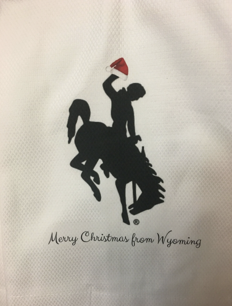Silhouette of a person on a horse wearing a Santa hat with 'Merry Christmas from Wyoming' text on a white background.