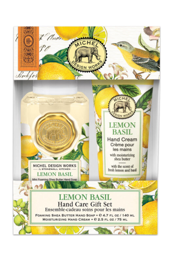 Michel Design Works Lemon Basil hand care gift set with cream and soap bars in decorative packaging.