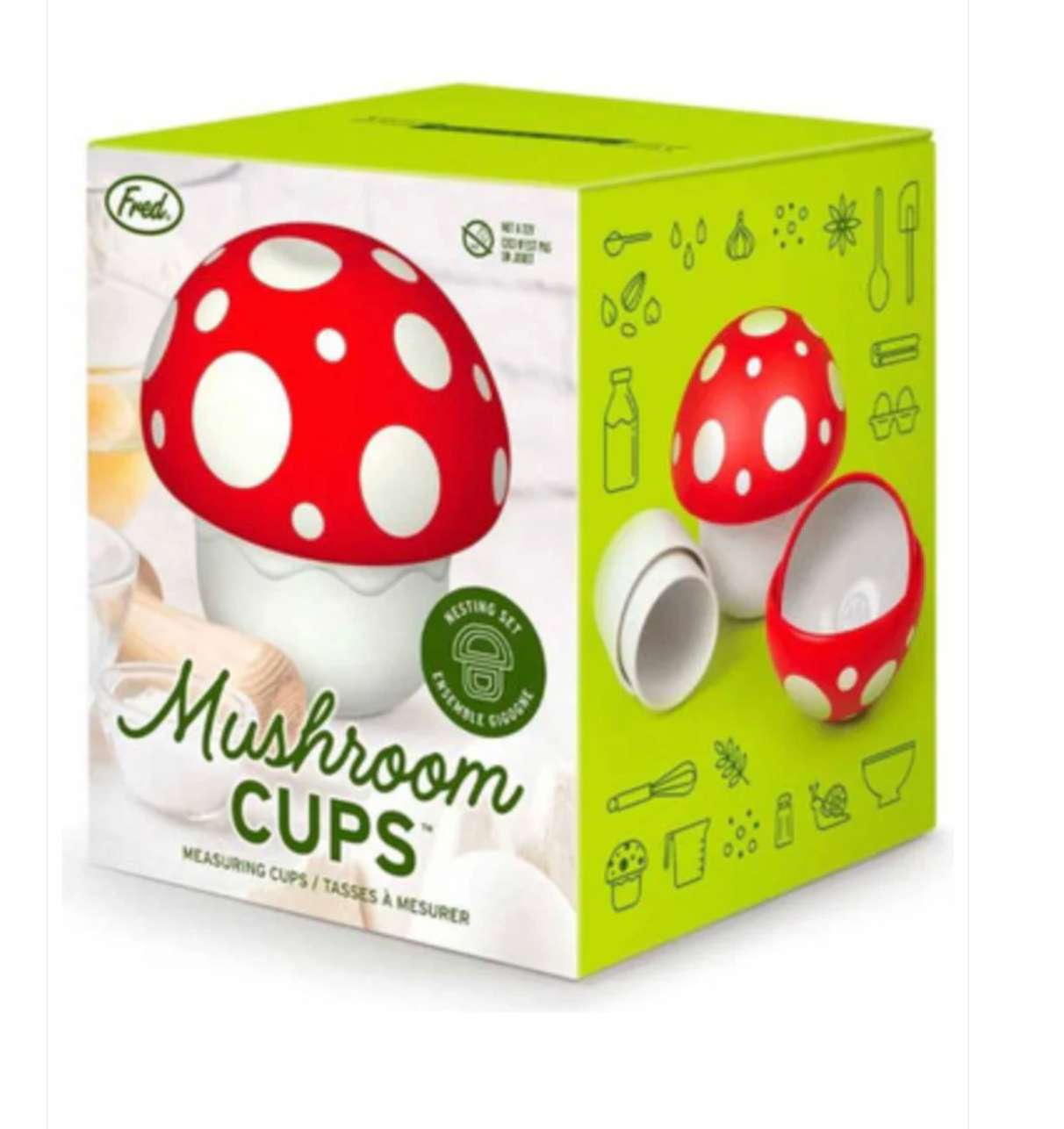 Box of mushroom-shaped measuring cups with red and white design on a white background