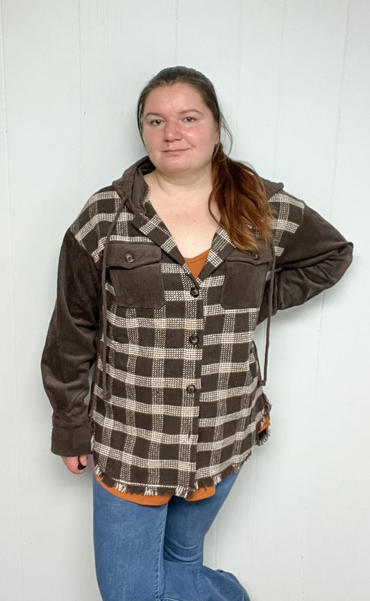 PLAID CONTRAST CORDUROY HOODED JACKET